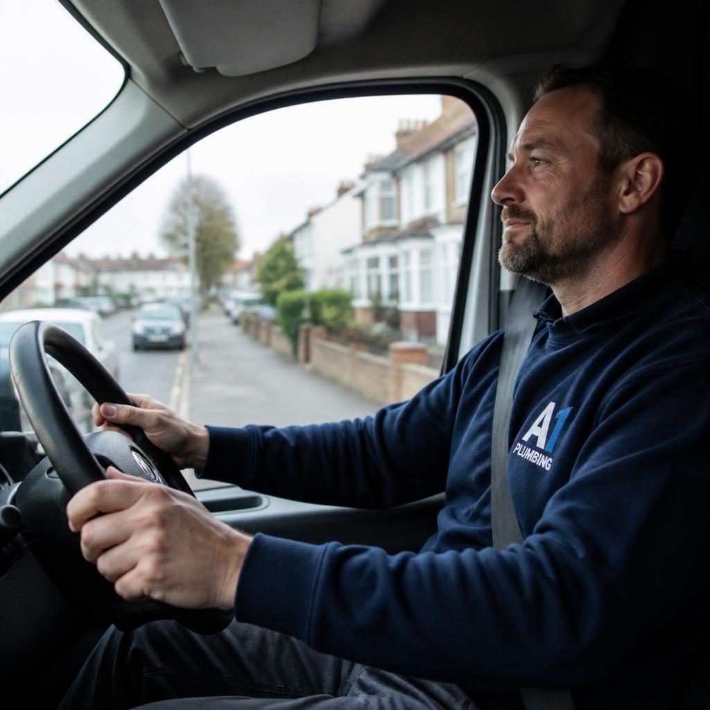 Plumber driving a work van between jobs